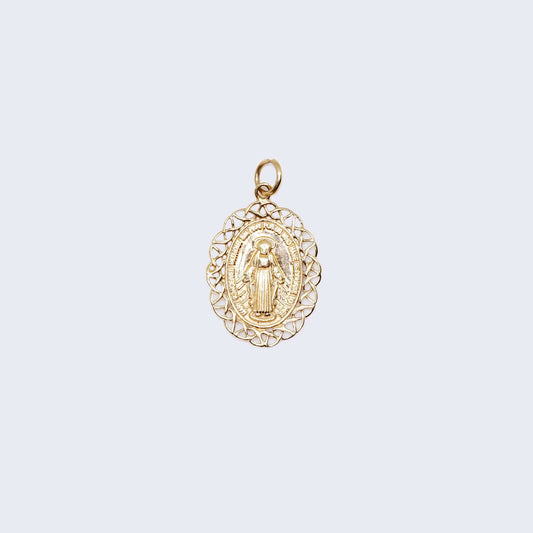 10K Gold Flower Design Virgin Mary Pendant Charm