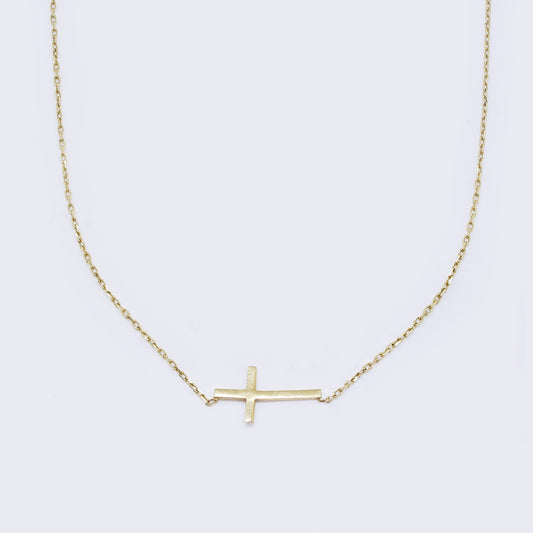 14K Sideways Horizontal Cross Pendant Necklace