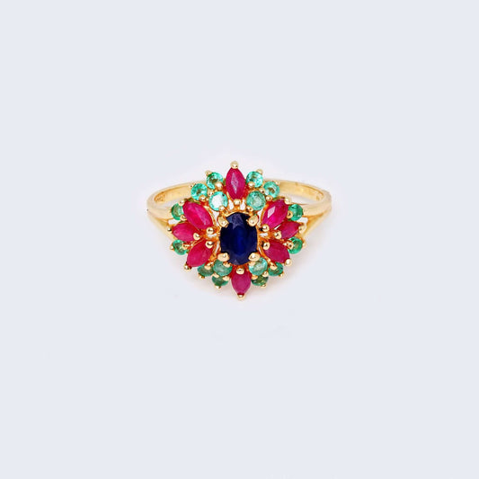 14K Yellow Gold Ruby, Esmerald & Diamond Ring