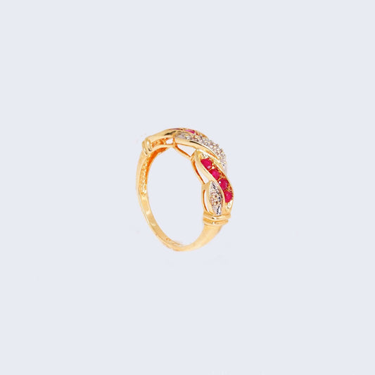 14K Yellow Gold Curve Design Ruby Stone & Diamond Ring