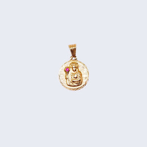 14K Gold Round Saint Barbara with Cubic Zirconia Stone Pendant Charm 14K Gold Round Saint Barbara with Cubic Zirconia Stone Pendant Charm