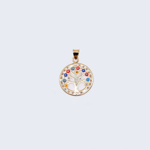 14K Gold Circle Blue and Red Lucky Tree with Cubic Zirconia Stones Pendant Charm 14K Gold Circle Blue and Red Lucky Tree with Cubic Zirconia Stones Pendant Charm