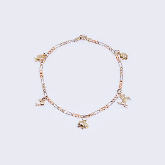 14K Elephant, Horse, Dolphin Ankle Bracelet tri color elephant char