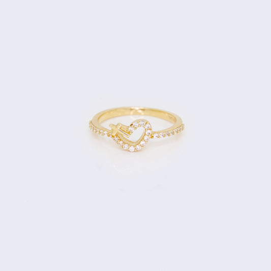14K Cubic Zirconia Simple Heart & Cross Ring