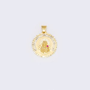 14K Yellow Gold Religious Saint Barbara Ruby Round Medallion Pendant 14K Yellow Gold Religious Saint Barbara Ruby Round Medallion Pendant