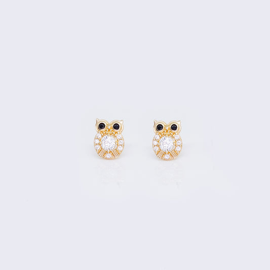 14K Cubic Zirconia Owl Tiny Stud Earrings