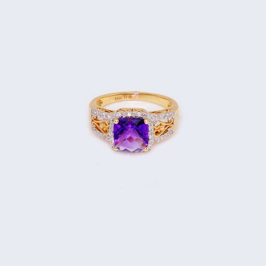 14K Yellow & White Gold Amethyst Stone & Diamond Ring