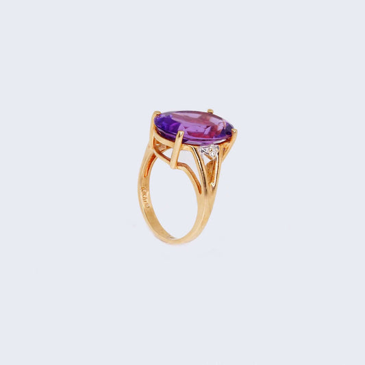 14K Yellow Gold Amethyst Stone & Diamond Ring
