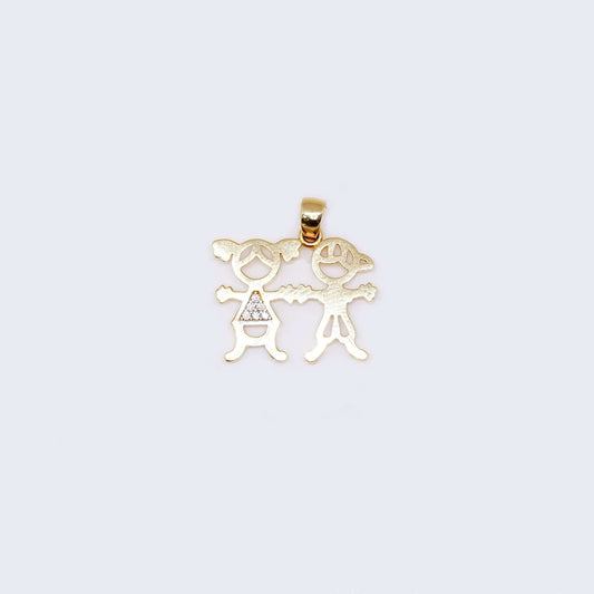 14K Gold Little Boy and Little Girl with Cubic Zirconia Stones Pendant Charm