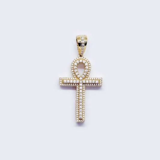 14K Ankh Cross Charm W/ Flower Design W/ Cubic Zirconia Stones