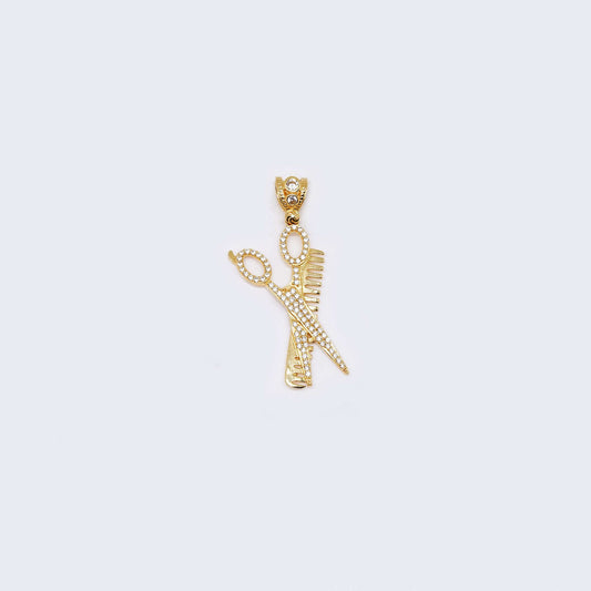 14K Gold Stylish Hairbrush & Scissors Pendant Charm