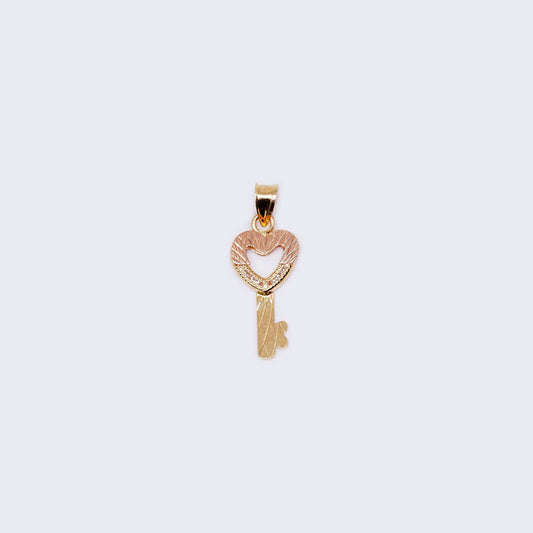 14K Gold Pink Heart Key Pendant Charm