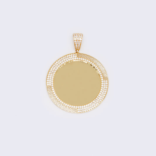 14K CZ Paved Memory Circle Royce Greek Key Charm