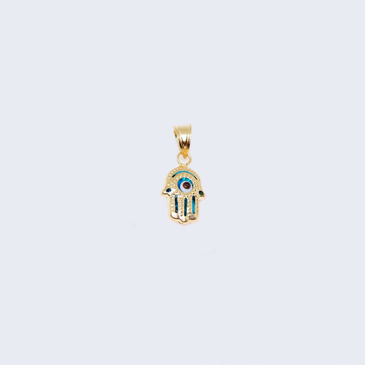 14K Gold Blue Evil Eye Hamsa Hand Pendant Charm