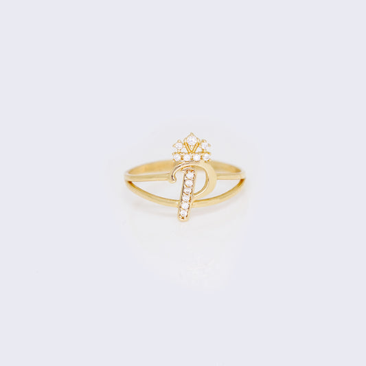 14K Ladies' Crown Initial Cursive Letter Ring "P"