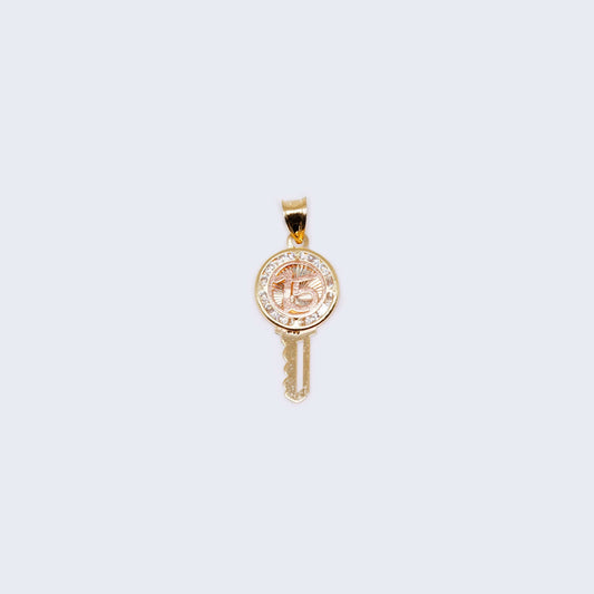 14K Gold Key Sweet Fifteen with Cubic Zirconia Stones Pendant Charm