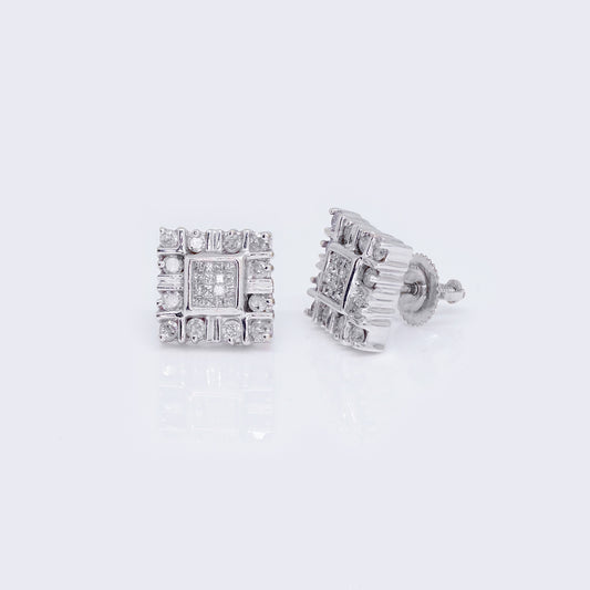 14kt White Gold Princess 1.15ct Diamond Framed Square Cluster Stud