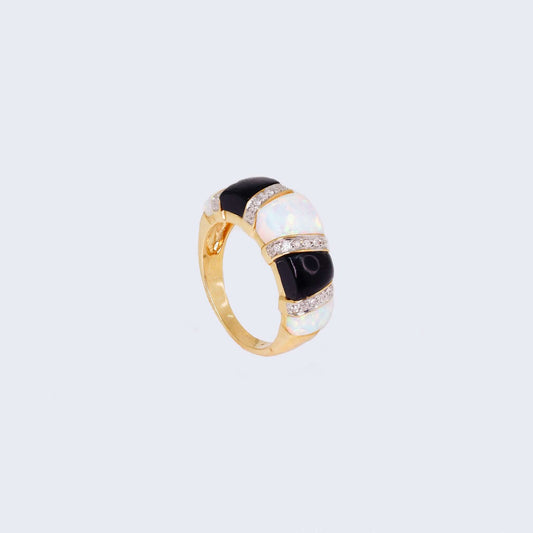 14K Gold Opal, Onyx & Diamond Ring