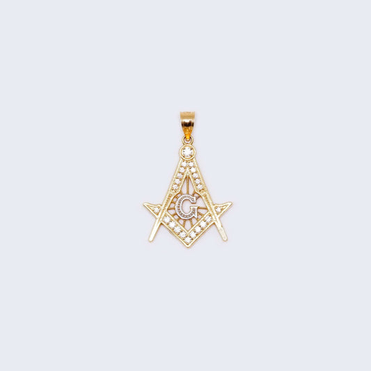 14K Gold Freemason Masonic with Cubic Zirconia Stones Pendant Charm