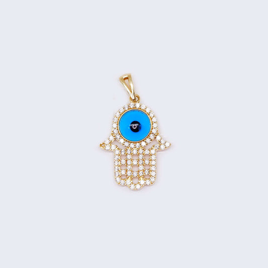 14K Gold Light Blue Hamsa Hand with Cubic Zirconia Stones Pendant Charm