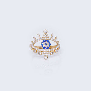 14K Gold Double Crown Evil Eye Ring with Cubic Zirconia Stones 14K Gold Double Crown Evil Eye Ring with Cubic Zirconia Stones