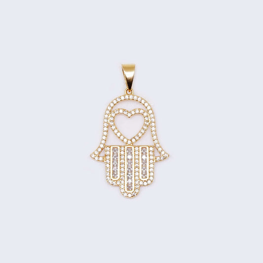 14K Gold Heart Hamsa Hand with Cubic Zirconia Stones Pendant Charm
