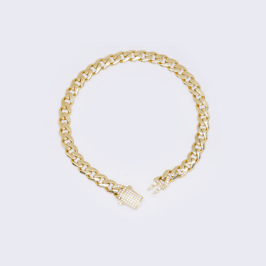 14K Yellow Gold Monaco Chain Cubic Zirconia  Bracelet 10" 7mm Thickness