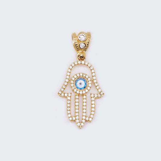 14K Gold Aquamarine Blue Evil Eye Hamsa Hand with Cubic Zirconia Stones Pendant Charm