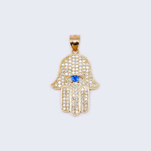 14K Gold Blue Hamsa Hand with Cubic Zirconia Stones Pendant Charm 14K Gold Blue Hamsa Hand with Cubic Zirconia Stones Pendant Charm