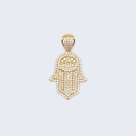 14K Gold Hamsa Hand with Cubic Zirconia Stones Pendant Charm