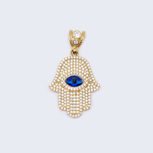 14K Gold Blue Hamsa Hand with Cubic Zirconia Stones Pendant Charm