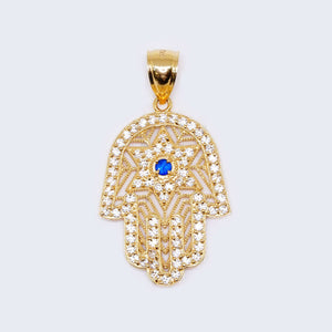 14K Gold Blue Hamsa Hand with Cubic Zirconia Stones Pendant Charm 14K Gold Blue Hamsa Hand with Cubic Zirconia Stones Pendant Charm
