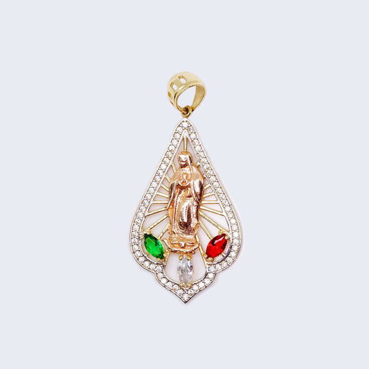 14K Gold Virgen de Guadalupe Pendant Charm with Green and Red Stone