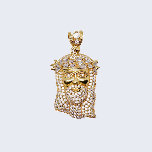 14K Gold Jesus Christ Face Pendant Charm with Cubic Zirconia Stones