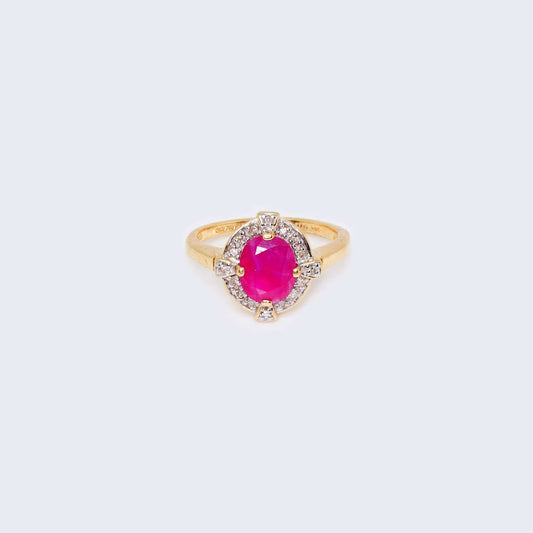 14K Yellow Gold Ruby Round Design & Diamond Ring