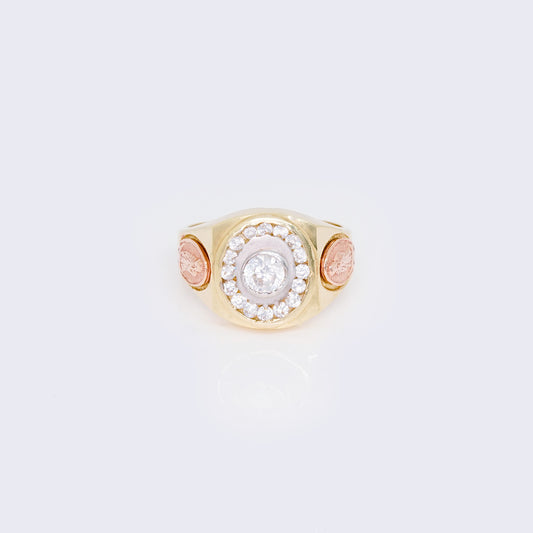 TRI-TONE 14K MENS RINGS WITH CUBIC ZIRCONIA & VIRGEN MARY ON THE SIDES