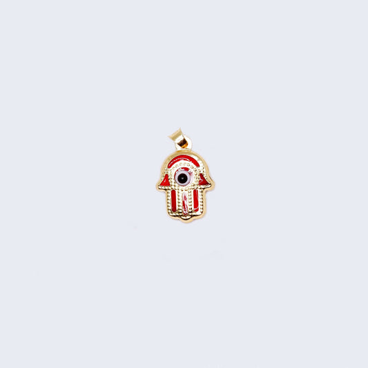 14K Gold Blue & Red Evil Eye Hamsa Hand Pendant Charm