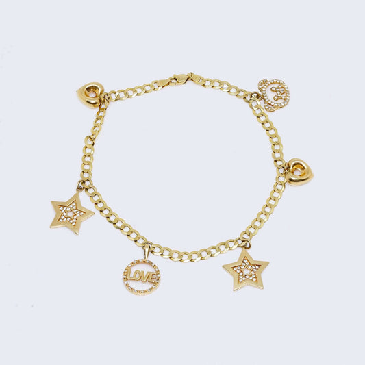 14K Gold Two stars, two Hearts, Love and Bear Charm Ankle Bracelet