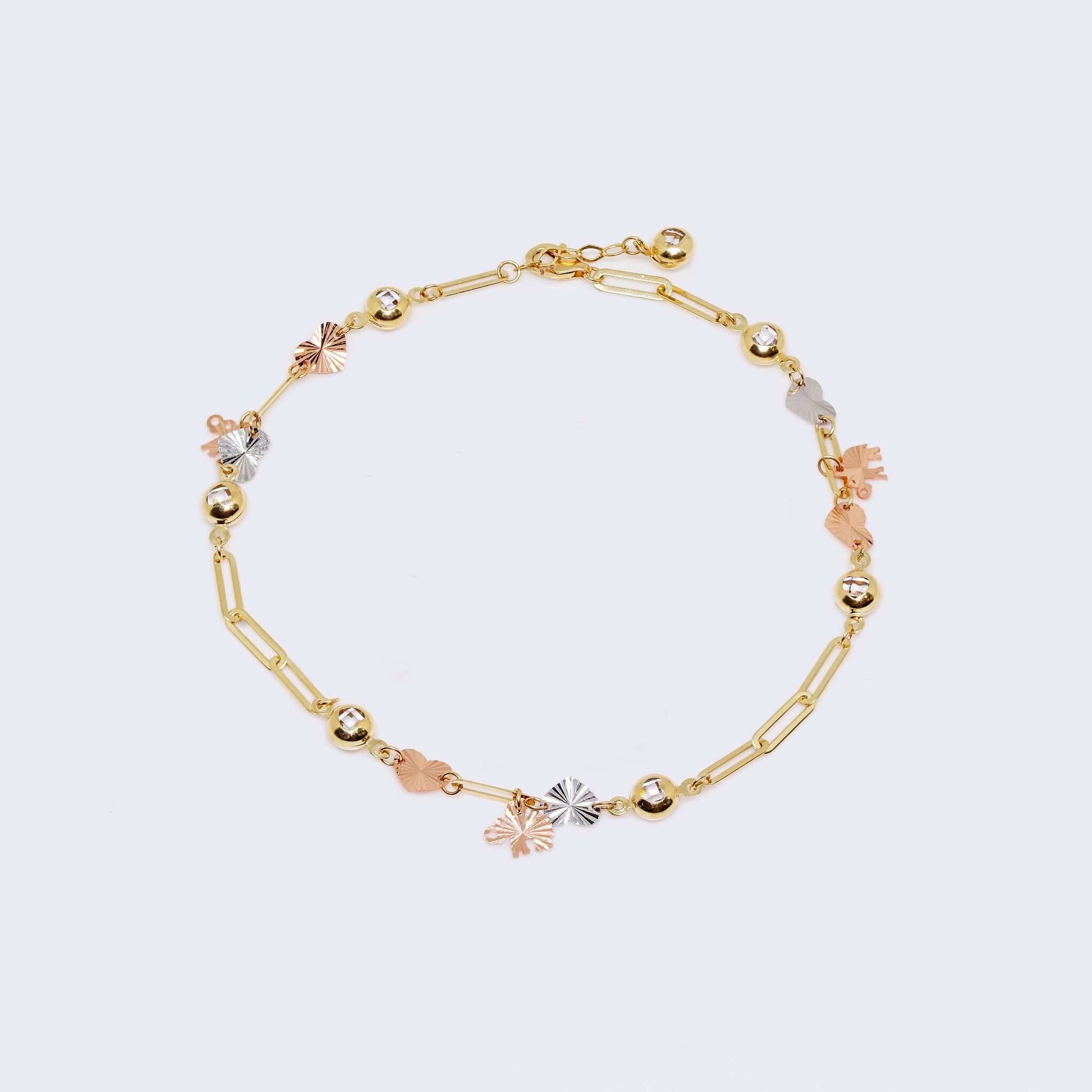 14K Three Tones Gold Elephants and Hearts Charms Ankle Bracelet