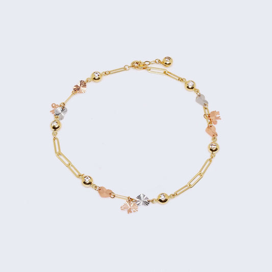 14K Three Tones Gold Elephants and Hearts Charms Ankle Bracelet
