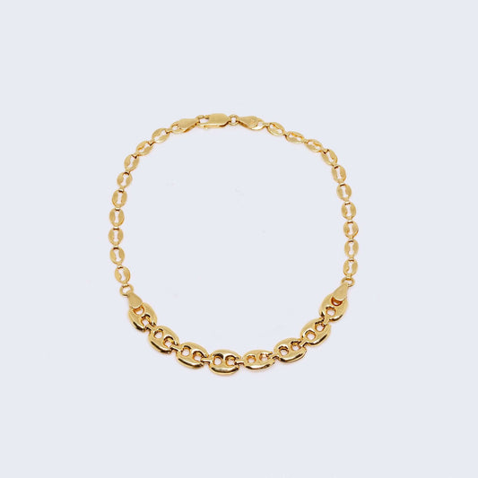 14K Gold High Polish & Hammered Mariner Link Ankle Bracelet