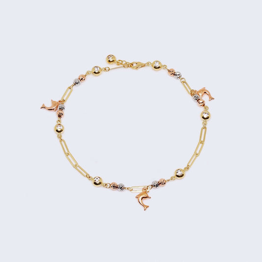 14K Three tones Gold Rose Dolphin Charms Ankle Bracelets