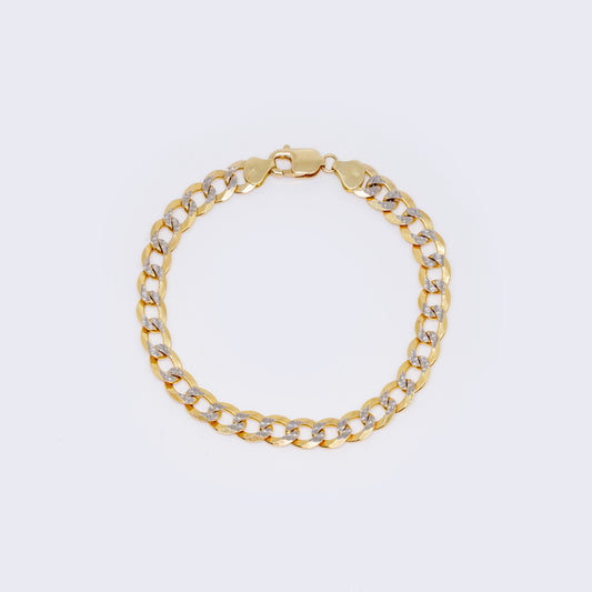 14K Cuban Chain Curb Link Diamond Cut Pave Two Tone Bracelet 9" 8mm