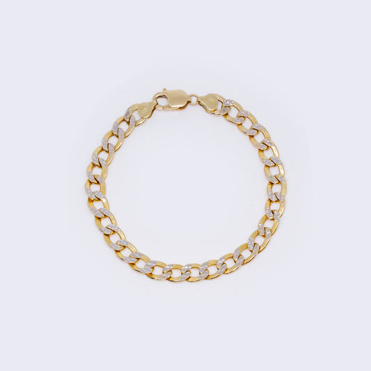 14K Cuban Chain Curb Link Diamond Cut Pave Two Tone Bracelet 8.25" 8mm