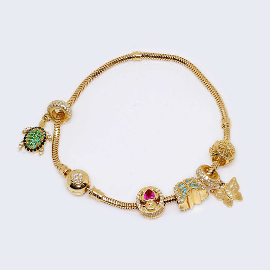 14K Gold Turtle, Butterfly Charm Bracelet