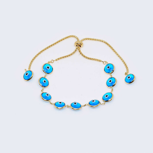 14K Gold Light Blue Evil Eye Adjustable Bracelet