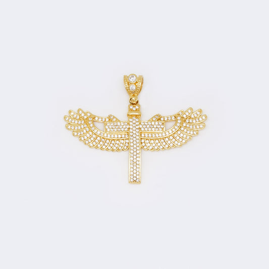 14K Angel Wing Cross Pendant with CZ