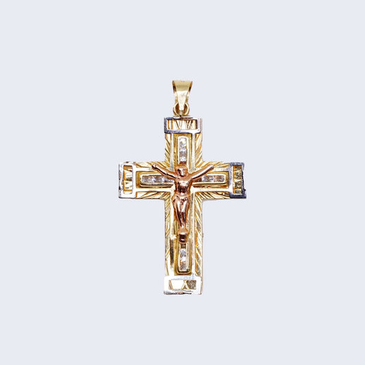 14K Three Tones Gold Cross with Rose Gold Jesus Pendant Charm with Cubic Zirconia Zirconia Stones