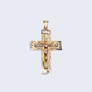 14K Three Tones Gold Cross with Rose Gold Jesus Pendant Charm with Cubic Zirconia Zirconia Stones 14K Three Tones Gold Cross with Rose Gold Jesus Pendant Charm with Cubic Zirconia Zirconia Stones