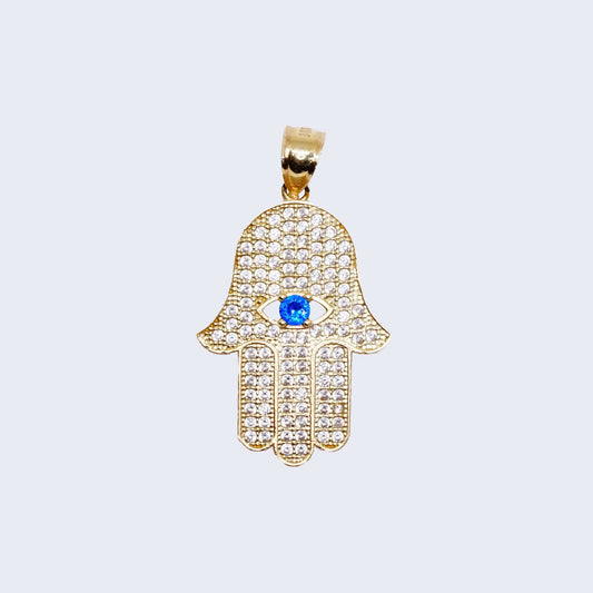 14K HAMSA HAND WITH BLUE STONE &WHITE Cubic Zirconia